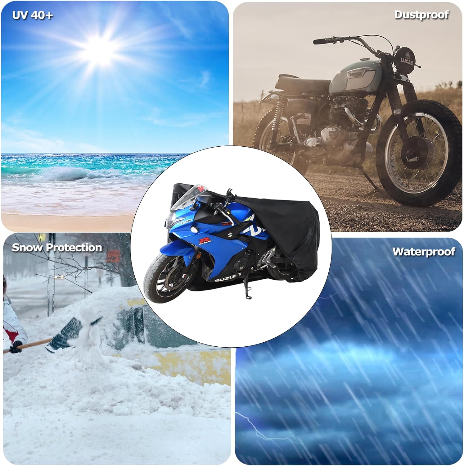 Funda impermeable para motocicleta y scooter para todas las estaciones, protección solar al aire libre, tres cintas reflectantes con agujeros de