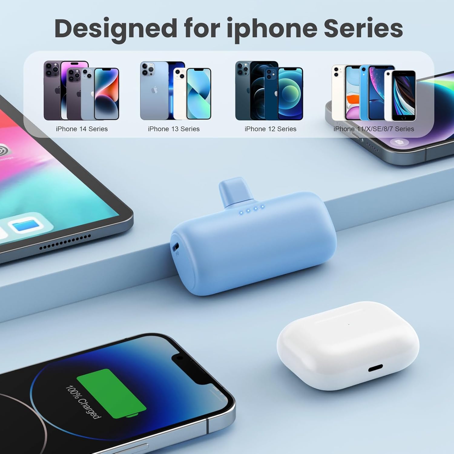 Cargador portátil pequeño para iPhone de 5200 mAh, cargador de batería compacto PD de carga rápida, mini cargador de teléfono inalámbrico compatible