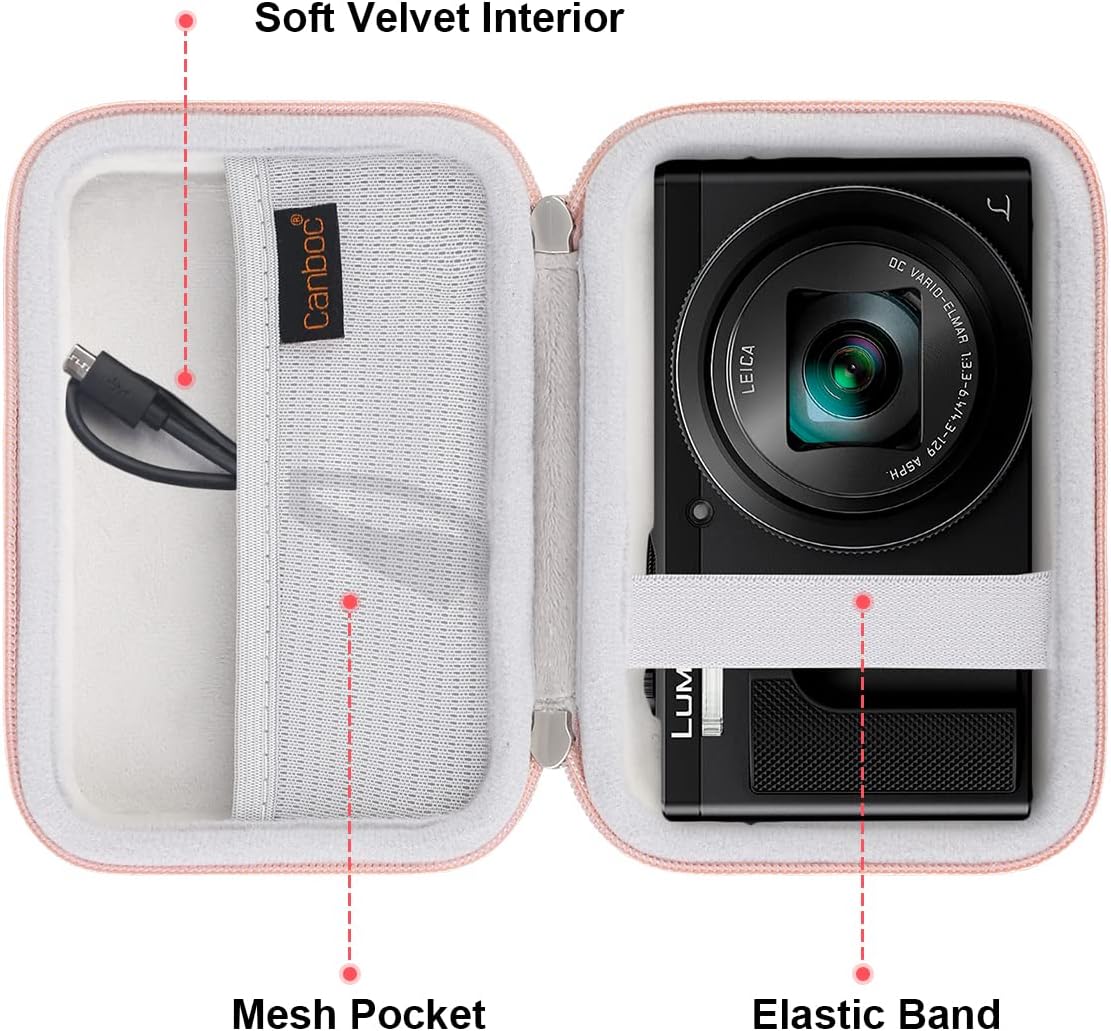 Canboc Funda rígida para cámara digital Panasonic Lumix ZS200ZS100ZS80ZS70ZS60LX10 4K, bolsa de transporte para cámara, bolsillo de malla para cable