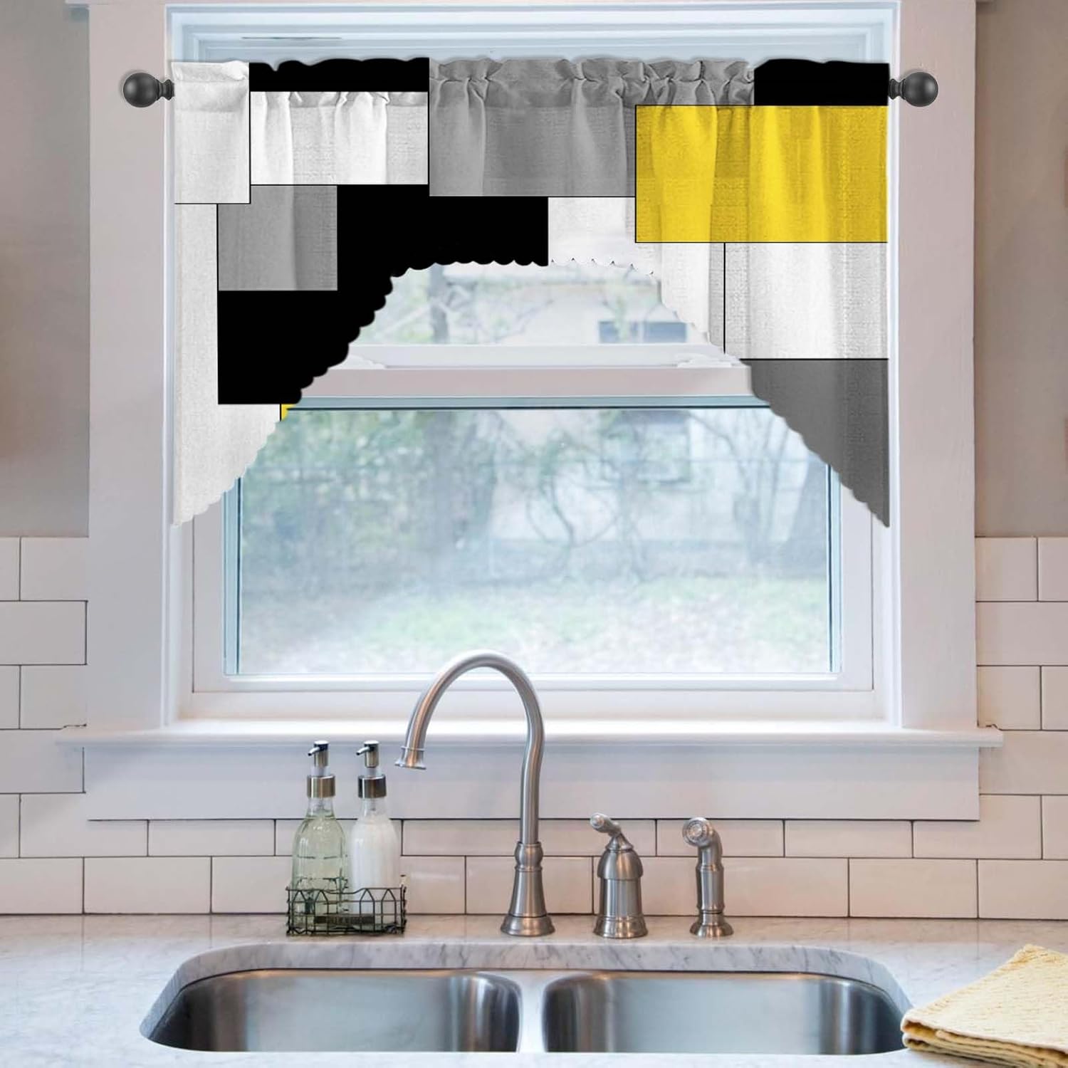 Juego de cortinas amarillas para ventana, 3 piezas, cortinas de cocina geométricas, juego de cenefas de arte geométrico, cortina gris con bolsillo