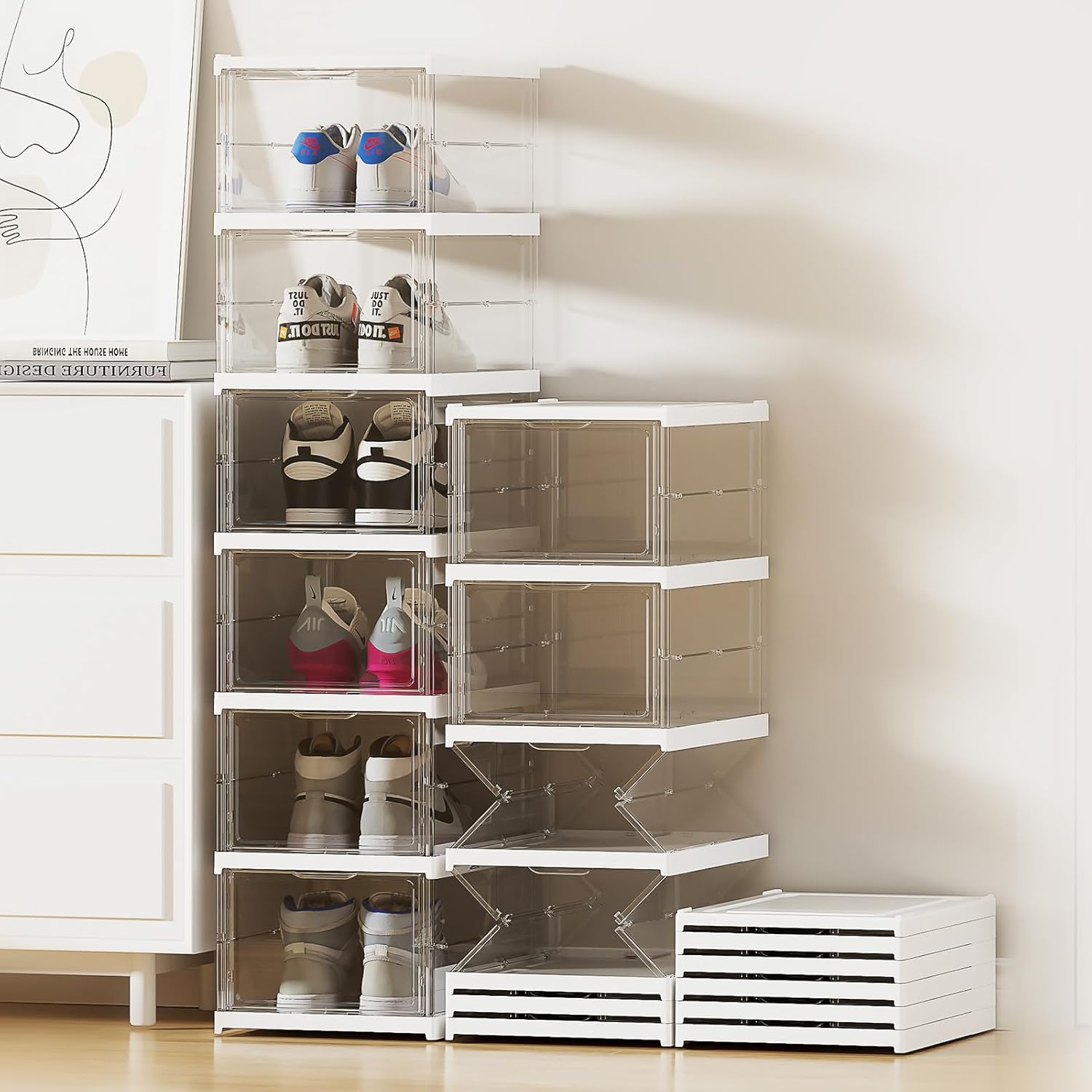 Cajas de almacenamiento de zapatos apilables transparentes, no requiere montaje, organizador de zapatos transparente con tapas, estante de plástico