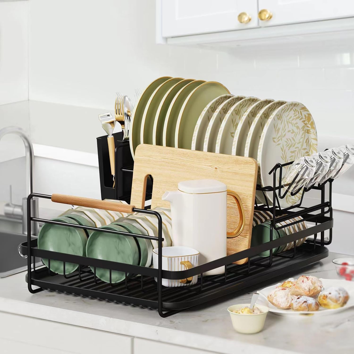 Escurridor de platos duradero de 2 niveles desmontable para encimera de cocina con soporte para cuchillos y portavasos, mango de madera,