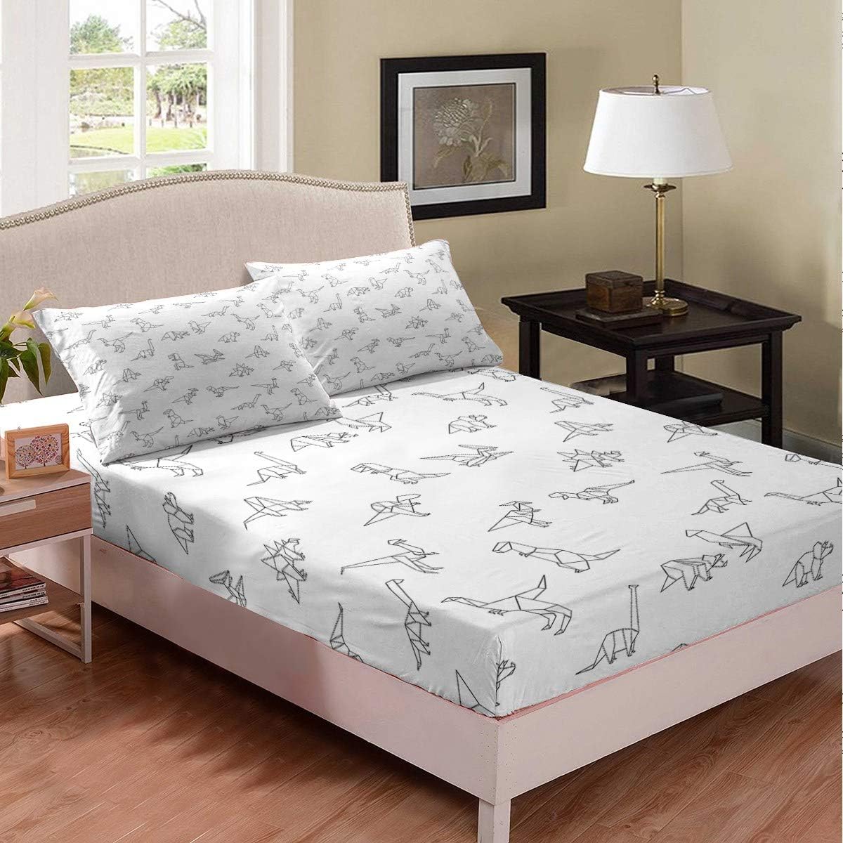 Feelyou Juego de ropa de cama de dinosaurio Origami con diseño de animales divertidos para niños, guardería, color blanco y negro, estilo moderno y