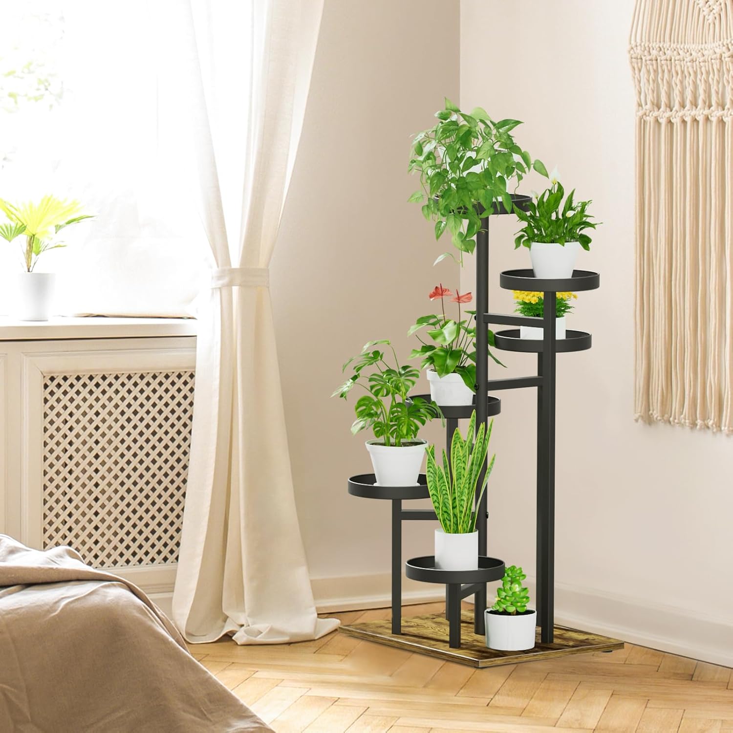 Soporte alto para plantas de 6 niveles para interiores, soporte de esquina de metal para múltiples plantas, estante de madera escalonado para