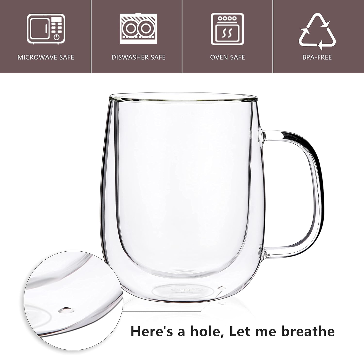 CNGLASS Tazas de café de vidrio de 12 onzas, juego de tazas aisladas de doble pared con asa, tazas de café de vidrio transparente para café con