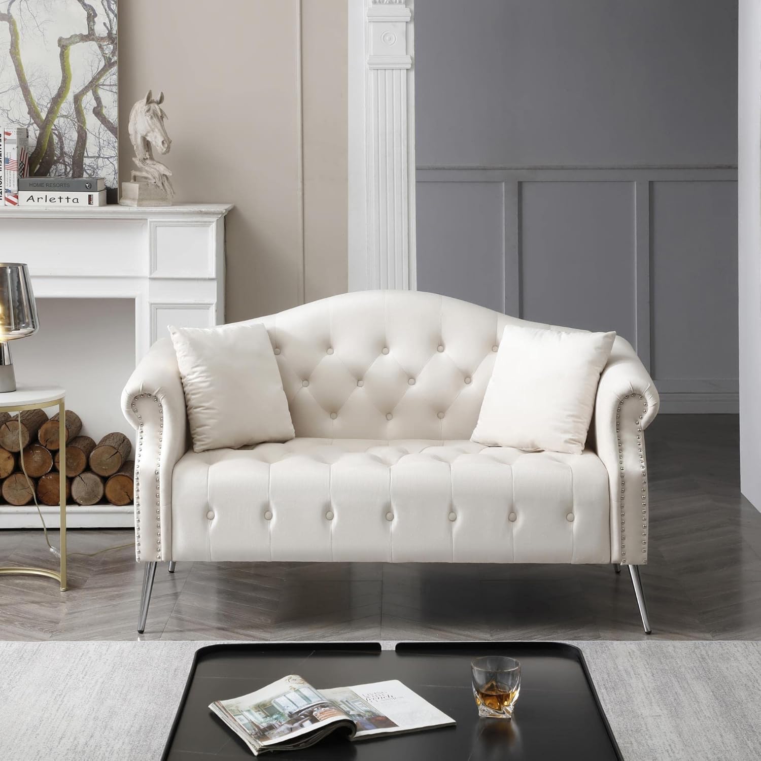 Holaki Chesterfield – Sofá de terciopelo de 59.4 pulgadas, moderno, tapizado, clásico, con botones copetudos, con brazos enrollados, patas de metal