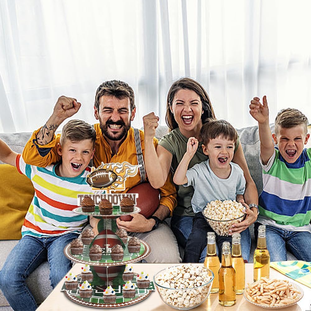 Soporte de 3 niveles para cupcakes de fútbol americano para mesa de postre, rollos deportivos, bolas, cupcakes, bandeja de torre, cartón verde y