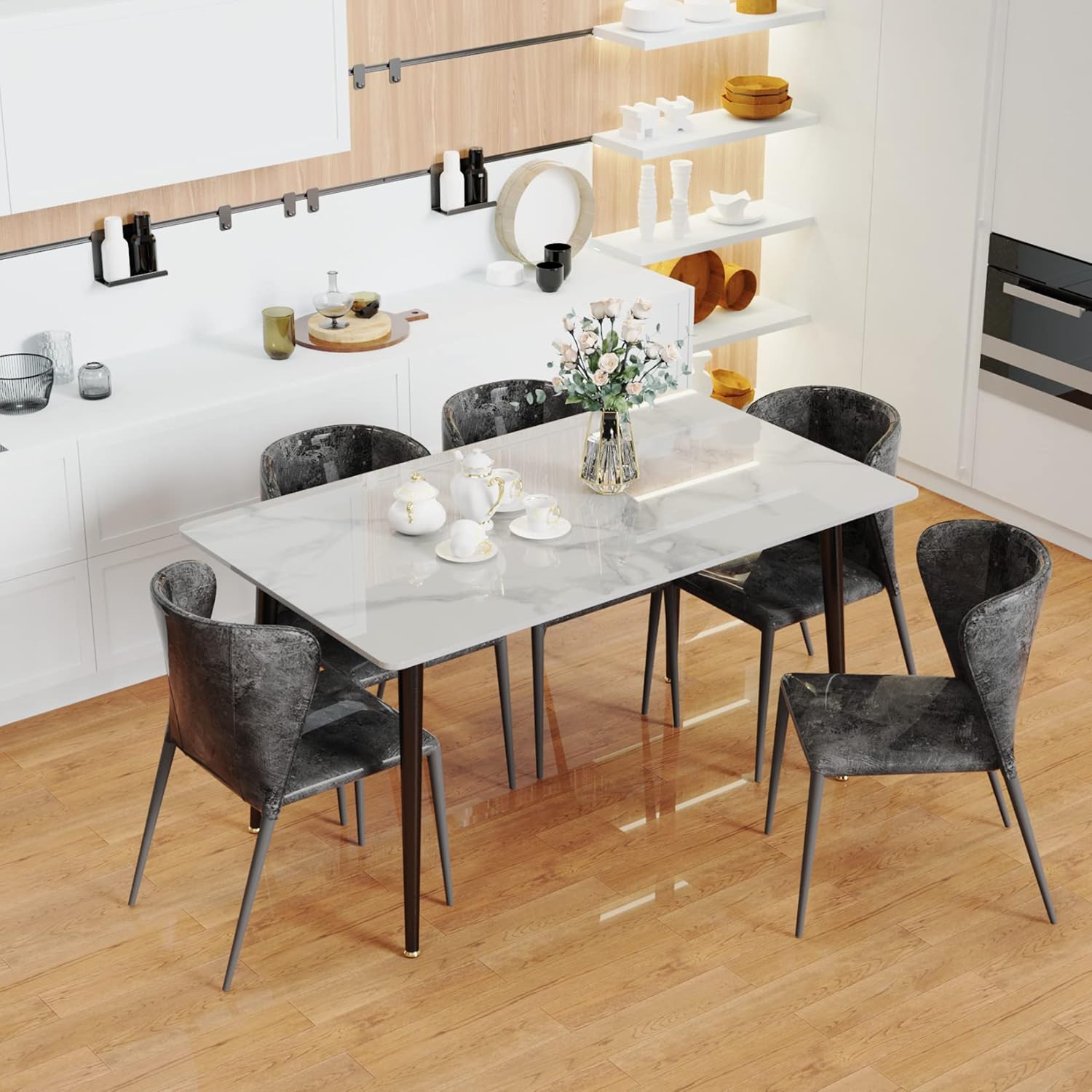 Wisfor Mesa de comedor de piedra sinterizada mesa de cocina blanca de 47.2 x 27.5 pulgadas con patas de metal para comedor – Mesa de restaurante de