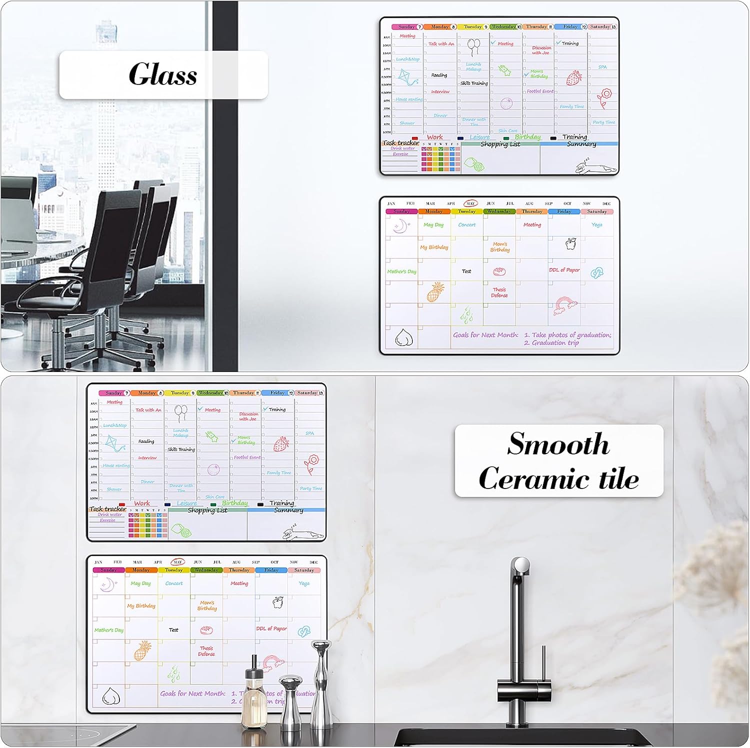 POPRUN Dry Erase Calendar weekly and monthly self adhesive stick on non-magnetic stainless fridge & Glass & Wall & wooden (any smooth surface)