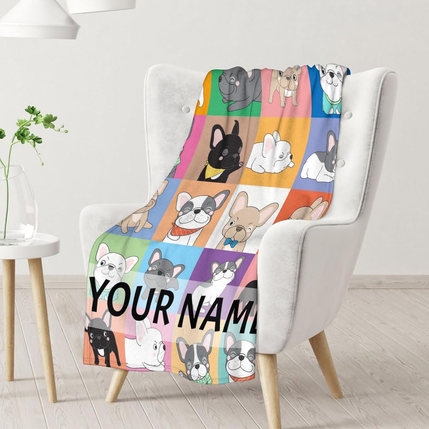 Manta personalizada de bulldog francés con texto y nombre, 30 x 40 pulgadas, manta de franela suave, cálida, ligera y acogedora, regalo para amantes