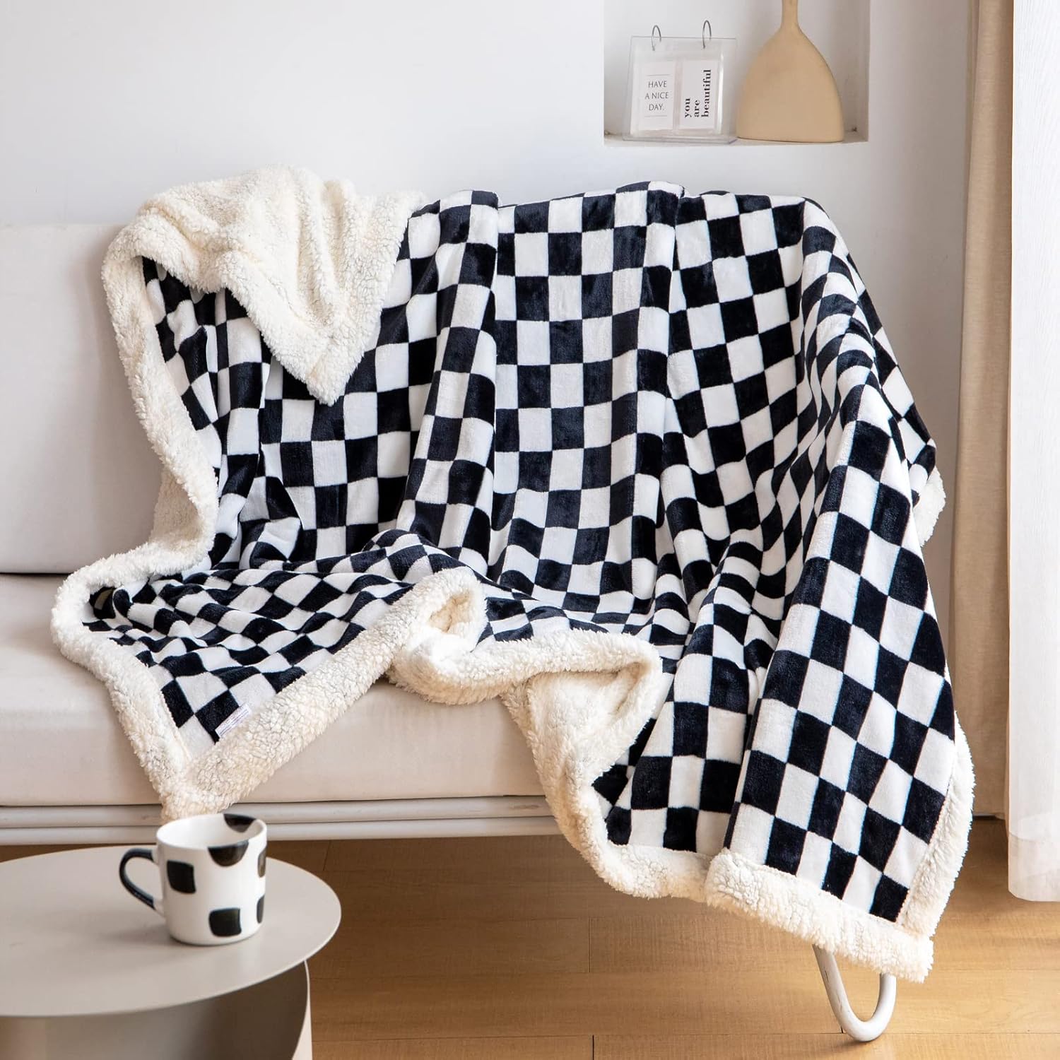 LOMAO Manta Sherpa de vellón con patrón a cuadros, suave y gruesa para sofá y cama, lujosa, cálida y acogedora para todas las estaciones (negro, 60
