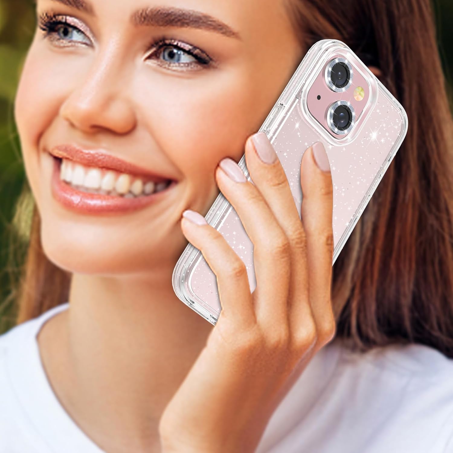 Jasmeas Funda con purpurina para iPhone 15 de 6.1 pulgadas, con 2 unidades protector de pantalla y 2 unidades protector de lente de cámara brillante