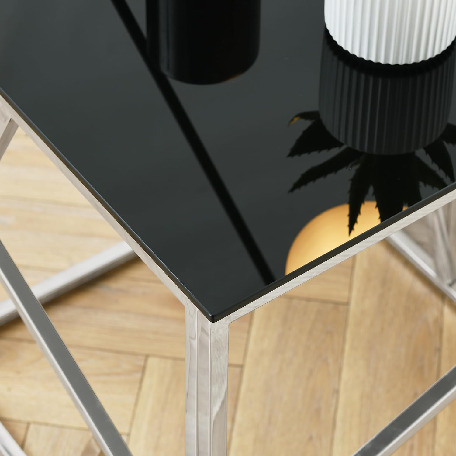 Moderna mesa rectangular de cristal con tapa de vidrio templado negro y marco de acero inoxidable para sala de estar y dormitorio, cromo pulido