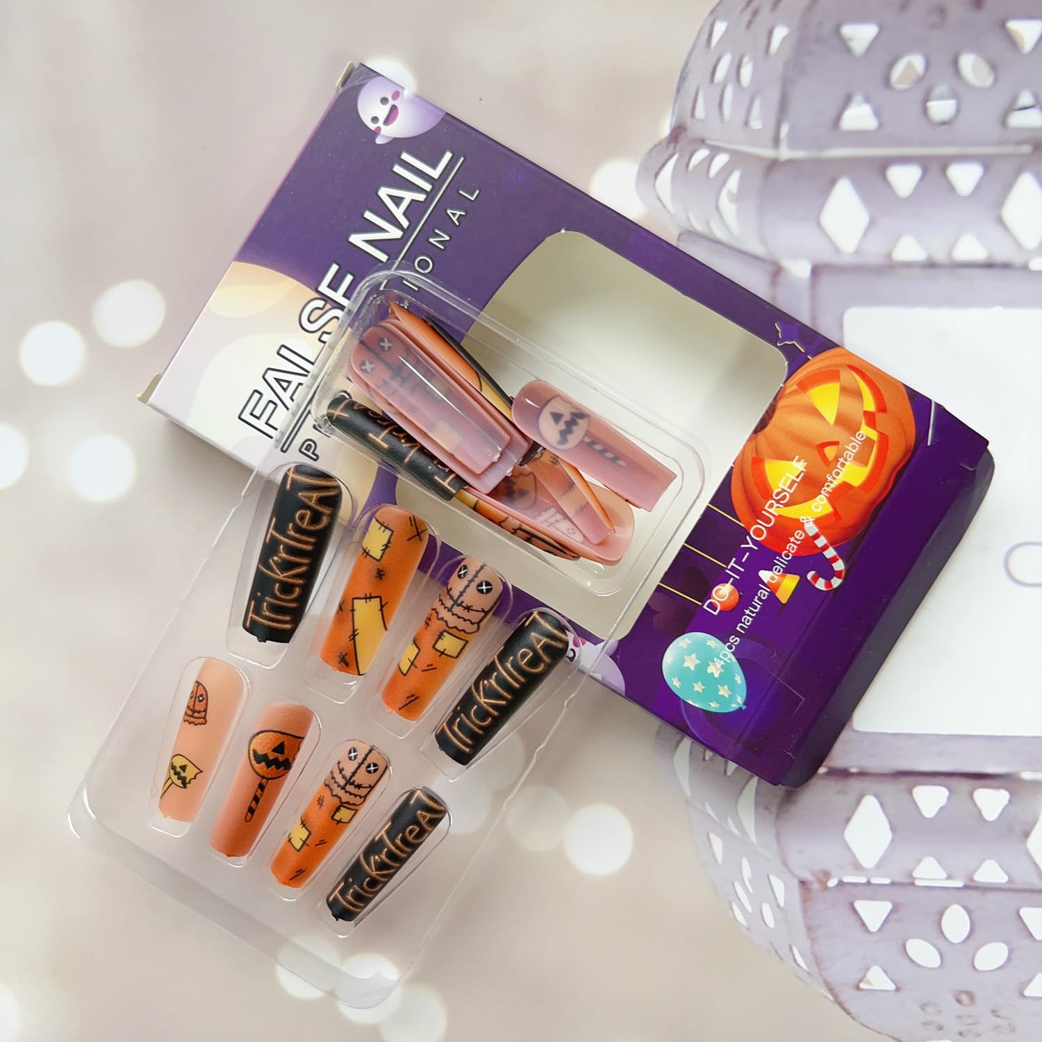 Uñas postizas a presión de Halloween, largas y cuadradas, uñas postizas acrílicas de Halloween con diseños, uñas adhesivas de Halloween de cobertura