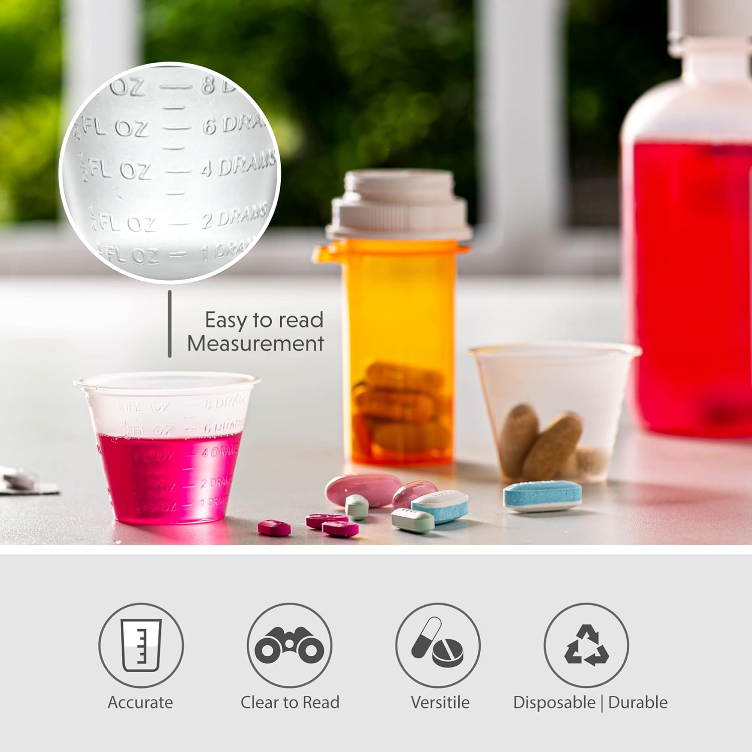 (100 unidades de 1 onza) vasos medicinales desechables con marcas de medidas en relieve, para medicamentos líquidos y secos, por Care Plus