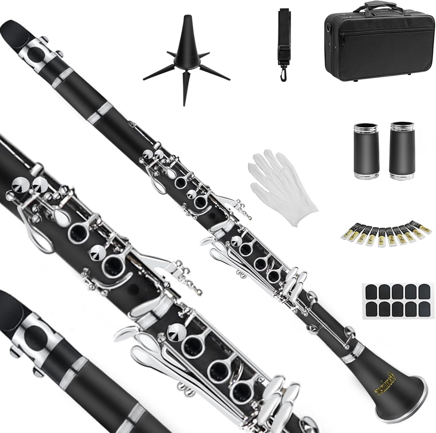 Soulmate Clarinete, clarinete en Bb para principiantes, estudiantes y adultos, 17 llaves niqueladas con 2 barriles, 10 cañas, estuche rígido y kit