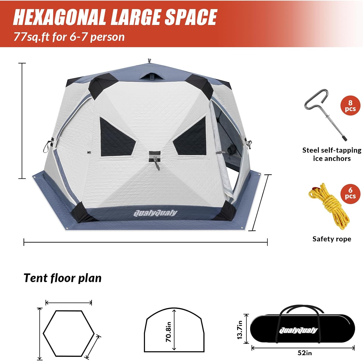 QualyQualy Ice Fishing Tent Insulated, 6 Sided Insulated Ice Fishing Shelter for 6-7 Person, Portable Pop-Up Ice Shanty Shack, Winter Fishing