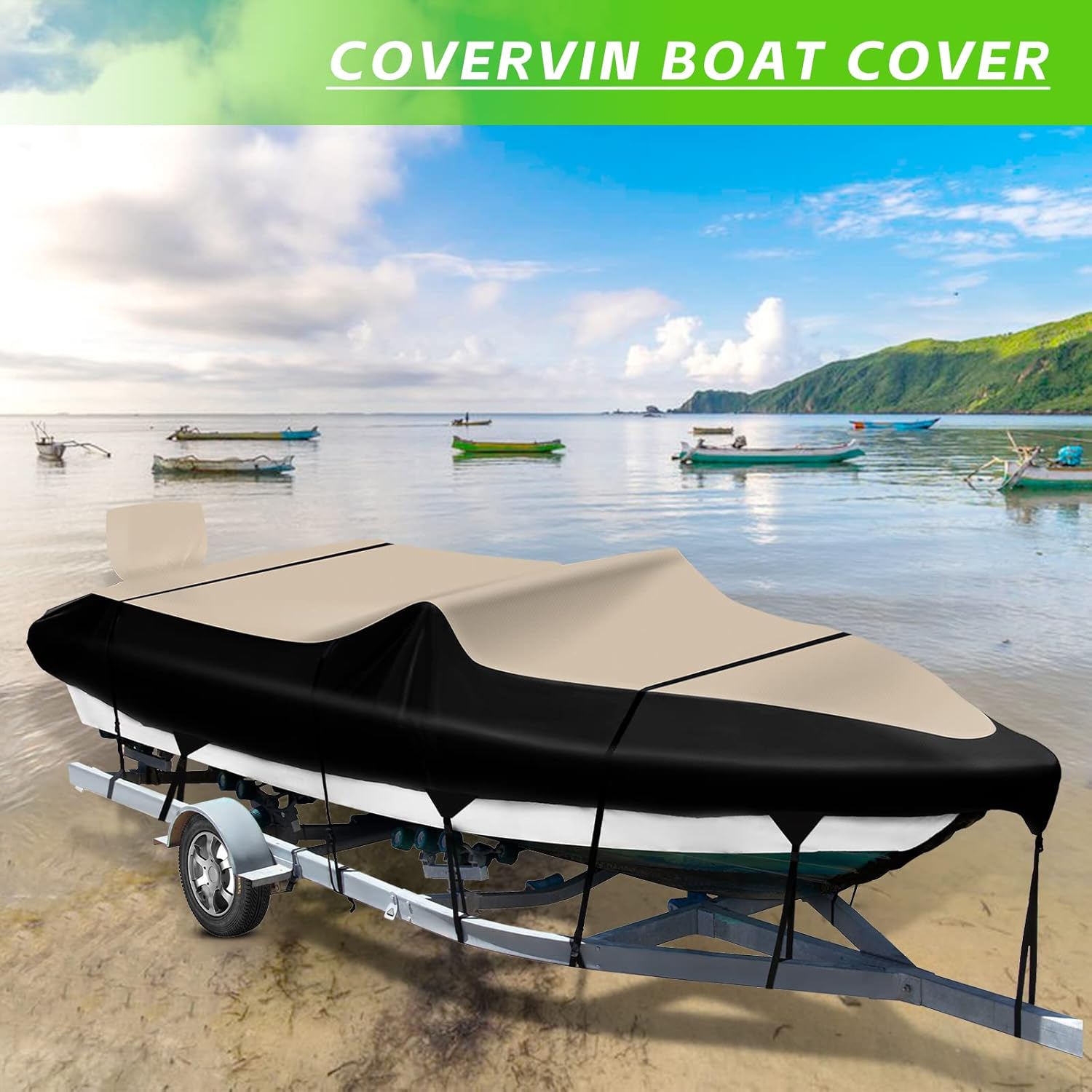 COVERVIN Funda para lancha remolcable 210D, impermeable, de grado marino, tela Oxford para longitud de 20 a 22 pies de ancho hasta 100 pulgadas de
