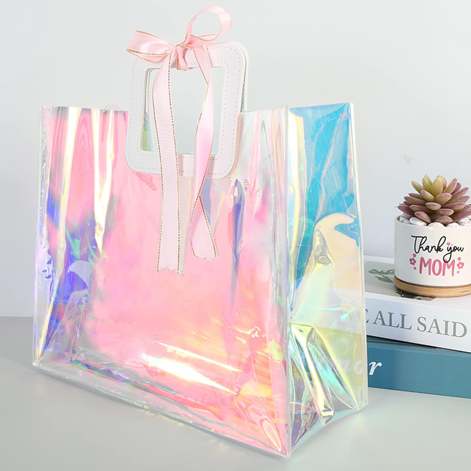 Whaline 5 bolsas de regalo holográficas grandes de 12.8 x 11.6 x 5.7 pulgadas, iridiscentes, transparentes, reutilizables, de PVC, bolsas de compras