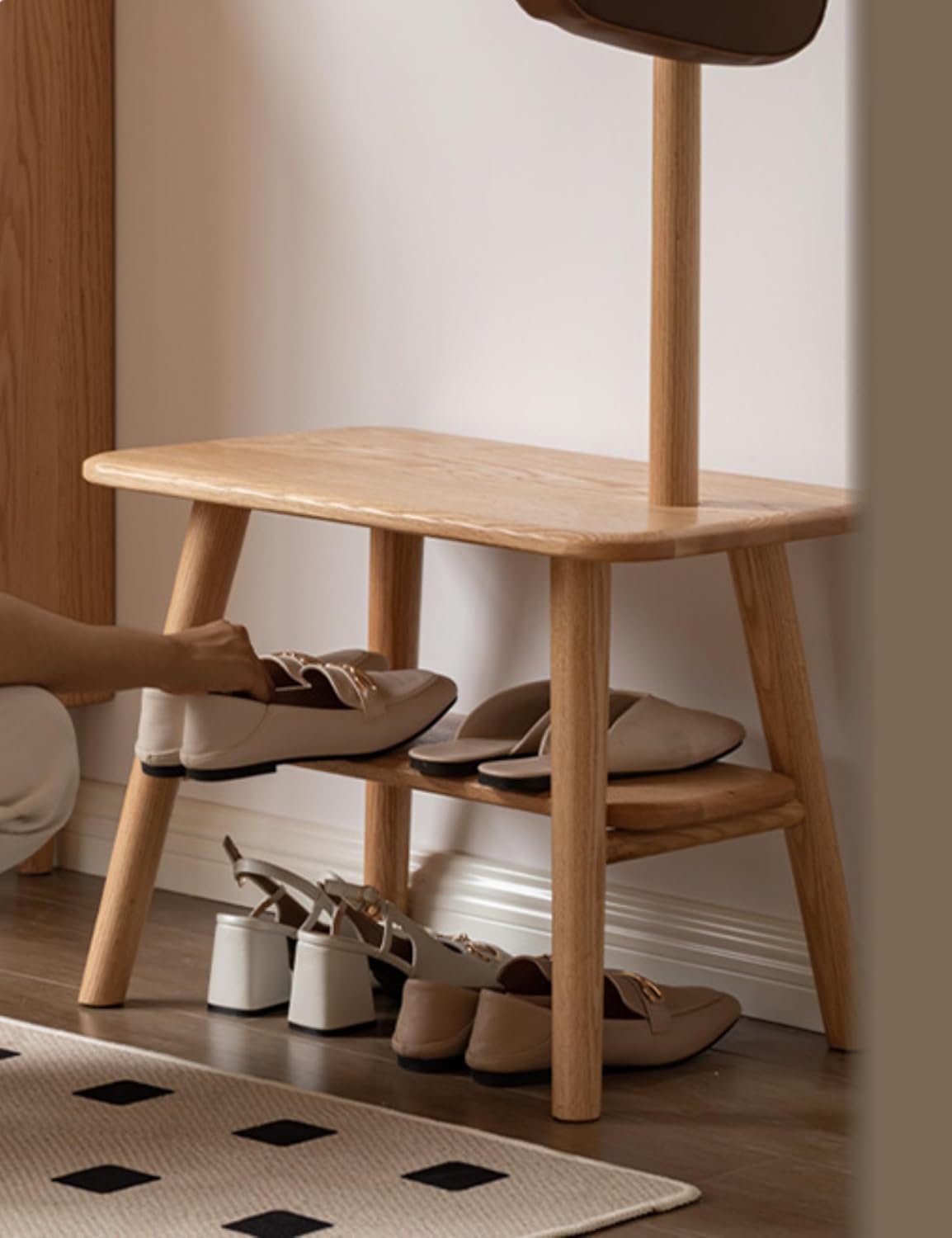 Zapatero 100 % roble macizo  Perchero de entrada  Banco de zapatos  Almacenamiento de árboles para sala de estar, dormitorio, entrada (31.5 pulgadas)