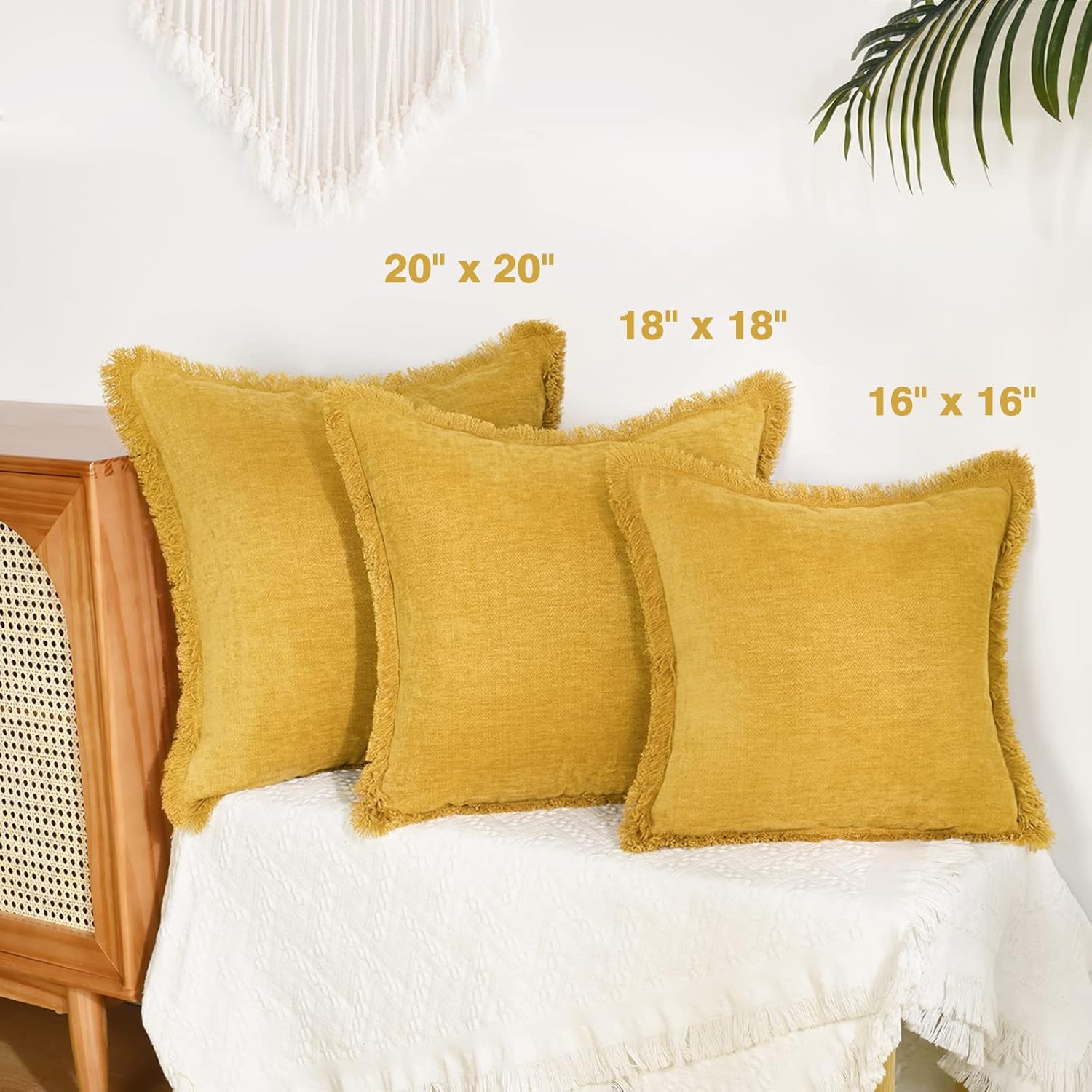 Juego de 2 fundas de almohada amarillas cuadradas de 16 x 16 pulgadas, fundas de almohada rústicas suaves y rústicas de teñido sólido con borlas,