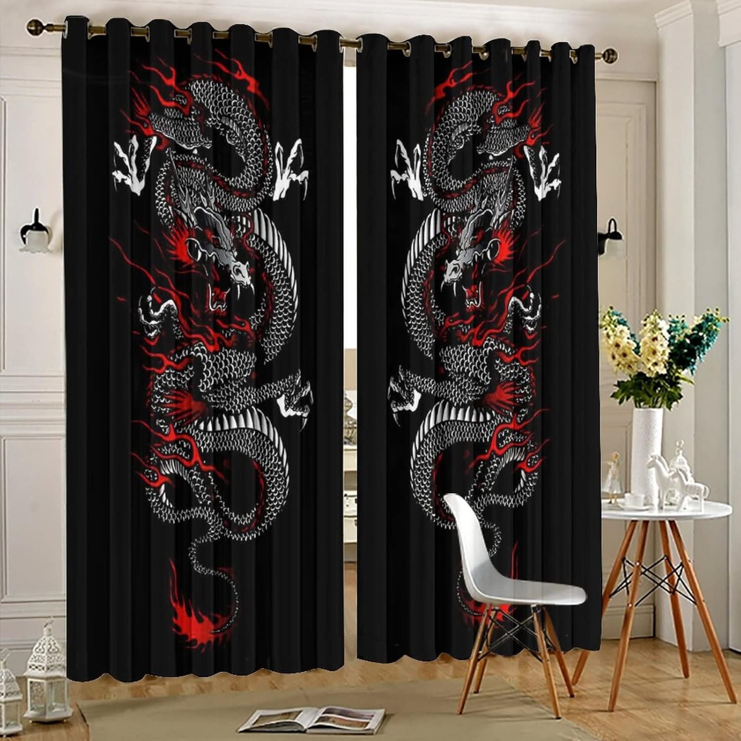 fucyBu Cortinas opacas para oscurecer la habitación con ojales, diseño de dragón chino, fantasía, retro, negro, rojo, dragón japonés, eficiencia