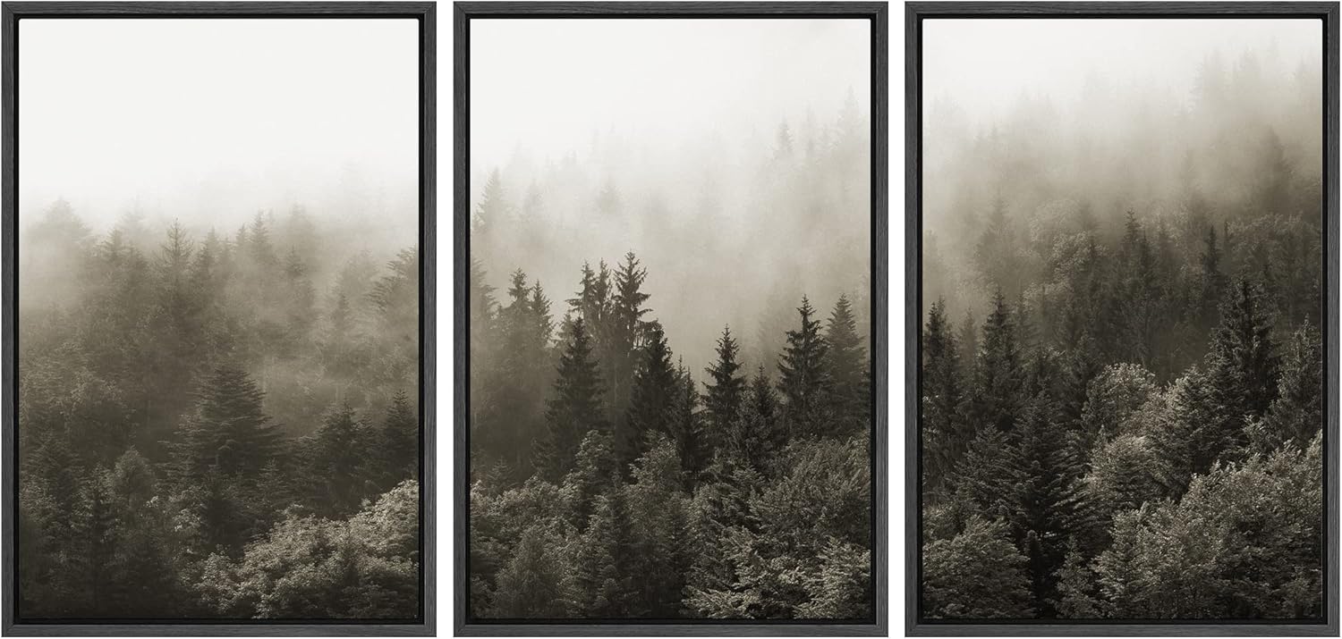 SIGNWIN Lienzo enmarcado para pared, juego de decoración de guardería de bosques, niebla y niebla sobre bosque de pinos azules, naturaleza, arte