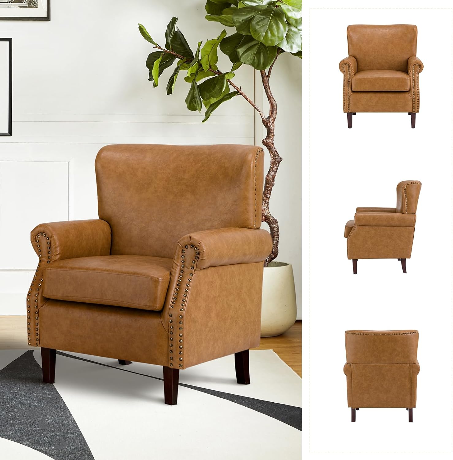 HULALA HOME Silla decorativa de piel sintética con reposabrazos enrollados y ribete de cabeza de clavos, cómodo sillón tapizado para sala de estar