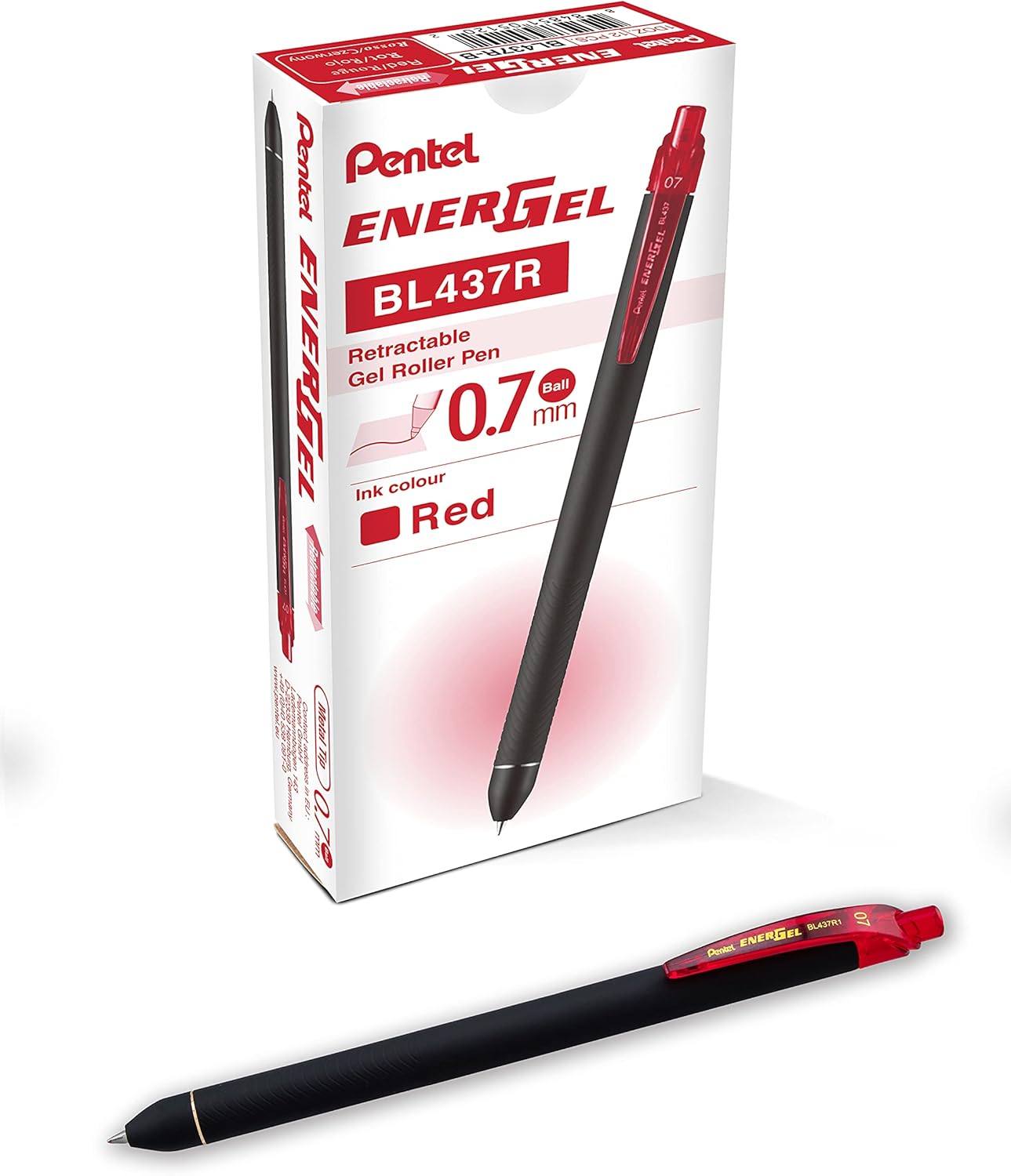 Pentel EnerGel Kuro – Bolígrafo de gel líquido, (punta de 132 pulgadas – 0.7 mm) línea media, tinta roja, paquete de 12 (BL437R1-B)
