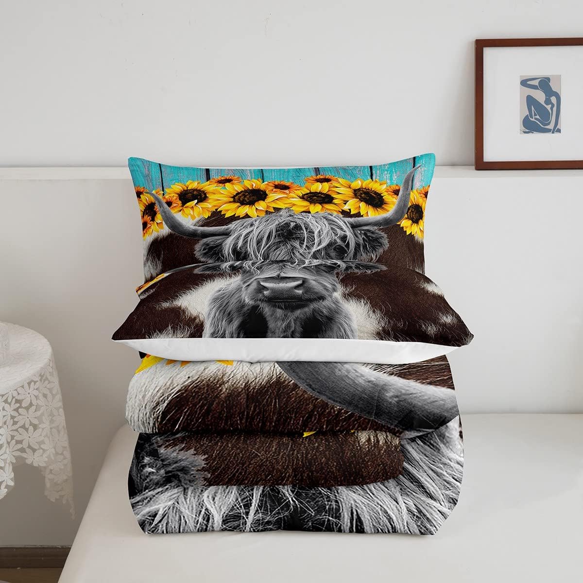 Juego de ropa de cama de vaca de las Highland, edredón con estampado de piel de vaca marrón para niños y niñas, edredón de girasoles en 3D,