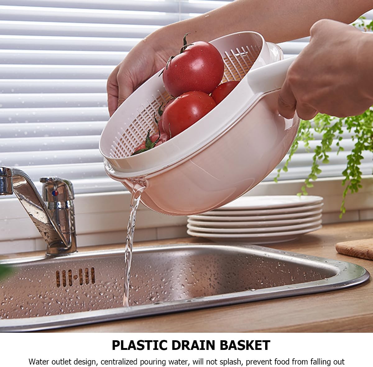 DOERDO – Cesta de drenaje de plástico con colador de lavado de doble capa con asa, coladores de lavado para frutas y verduras, naranja, 13.3 x 8.7