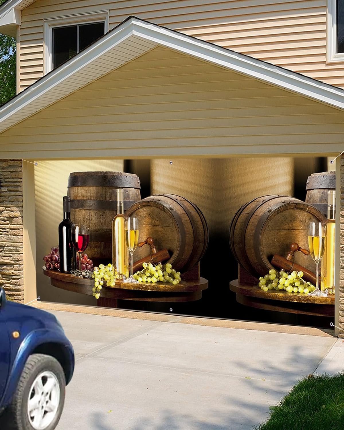 Red Wine Grape Wooden Barrel Garage Door Decorations, Abstract Art Garage Door Banner Cover with Grommets, Garage Door Mural Backdrop Decoration for