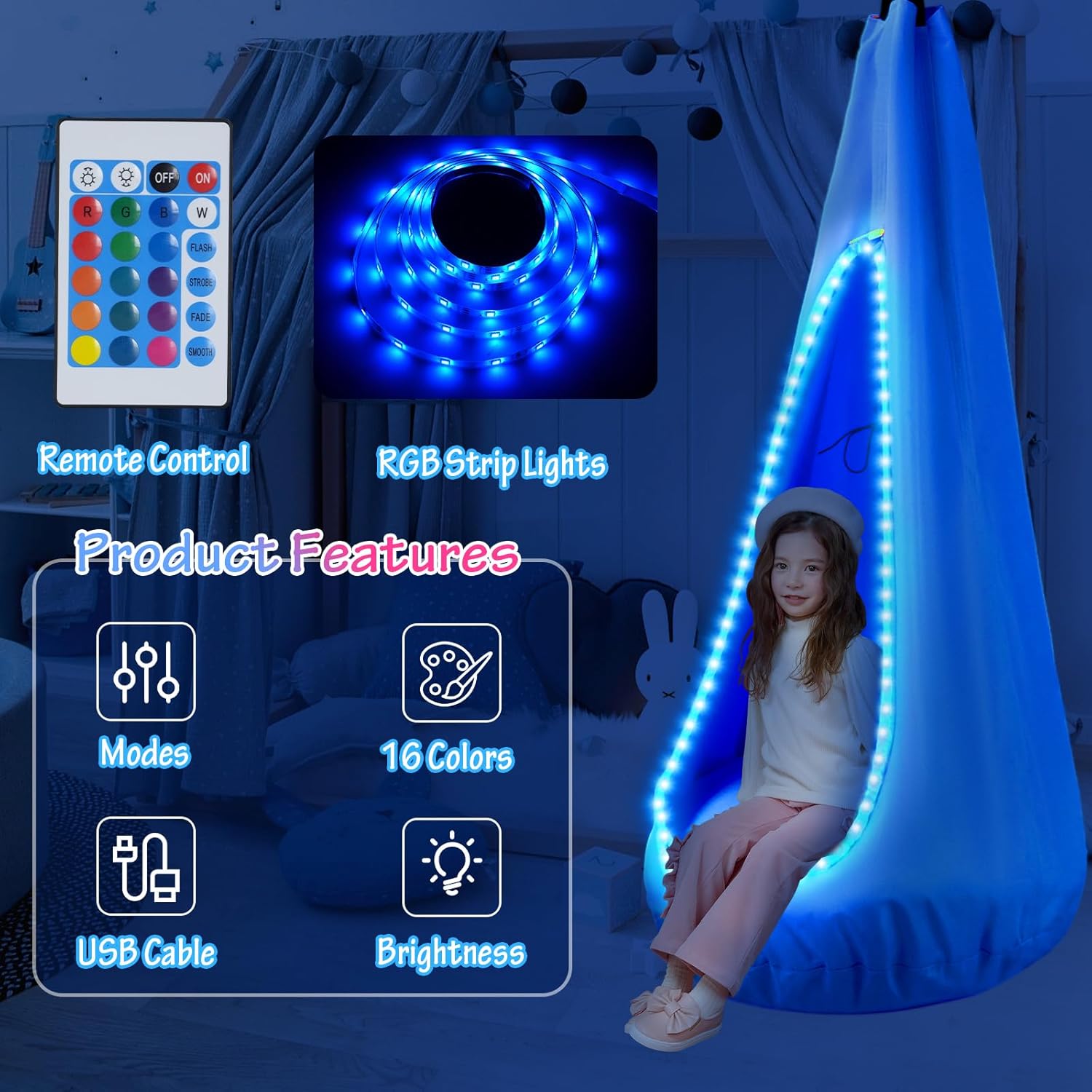 Asiento columpio para niños, hamaca colgante con tira de luces LED y cojín inflable, silla giratoria sensorial para exteriores e interiores, máximo