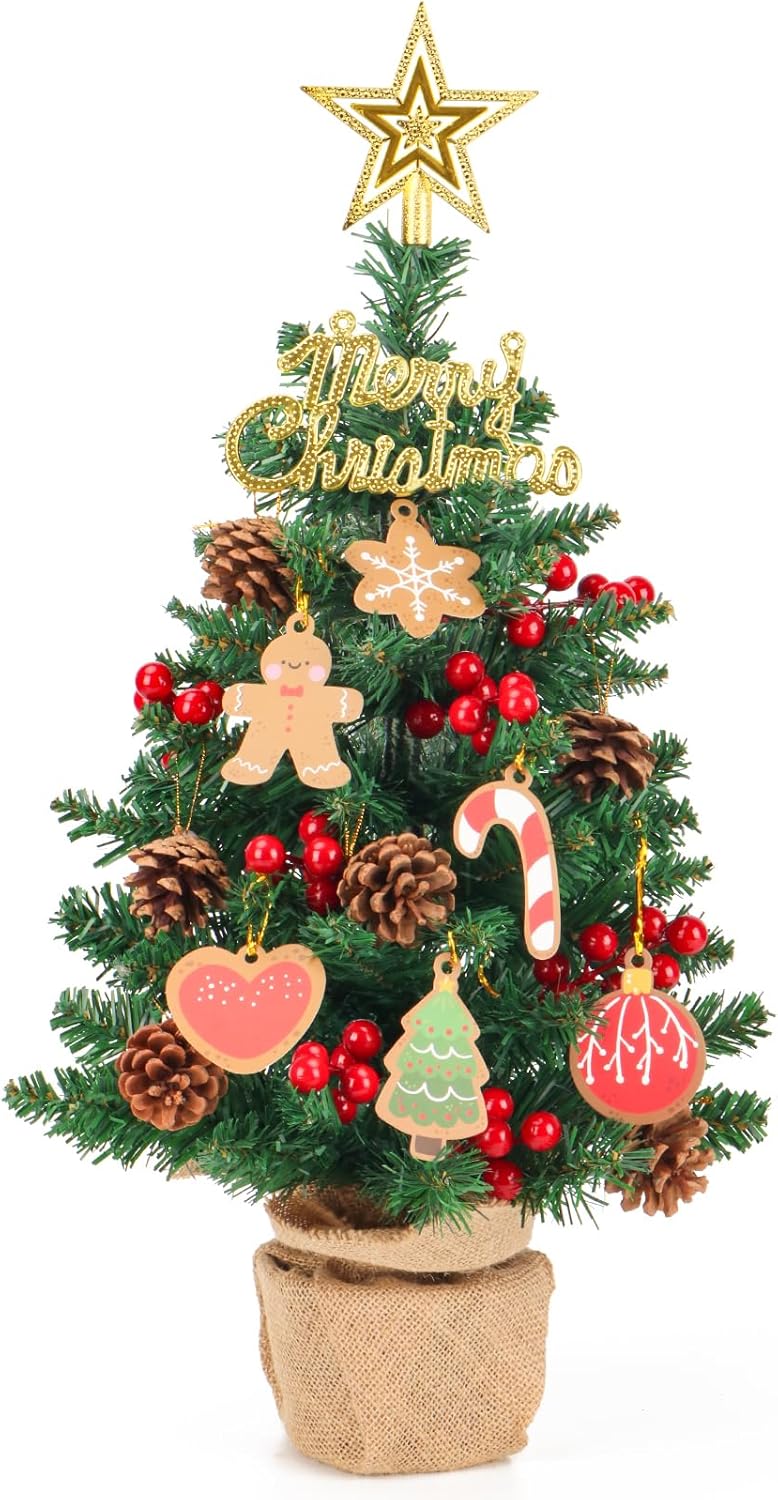 Mini árbol de Navidad artificial con luces, árboles de Navidad de mesa de 22 pulgadas, 65 puntas de rama, pequeños árboles de Navidad con adornos