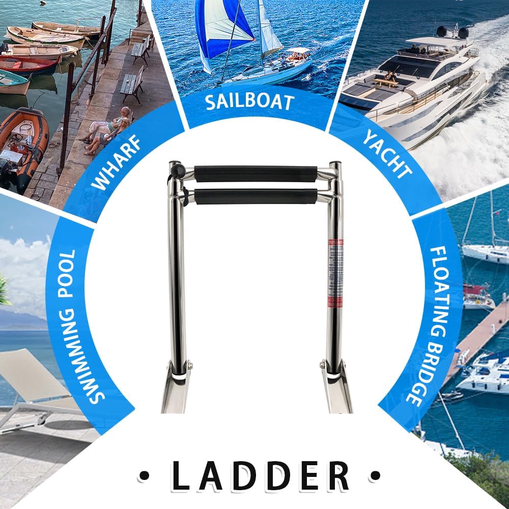 Haida Escalera telescópica de 2 escalones para lanchas de acero inoxidable, escalera portátil de 2 escalones, para barco marino, yate, muelle de