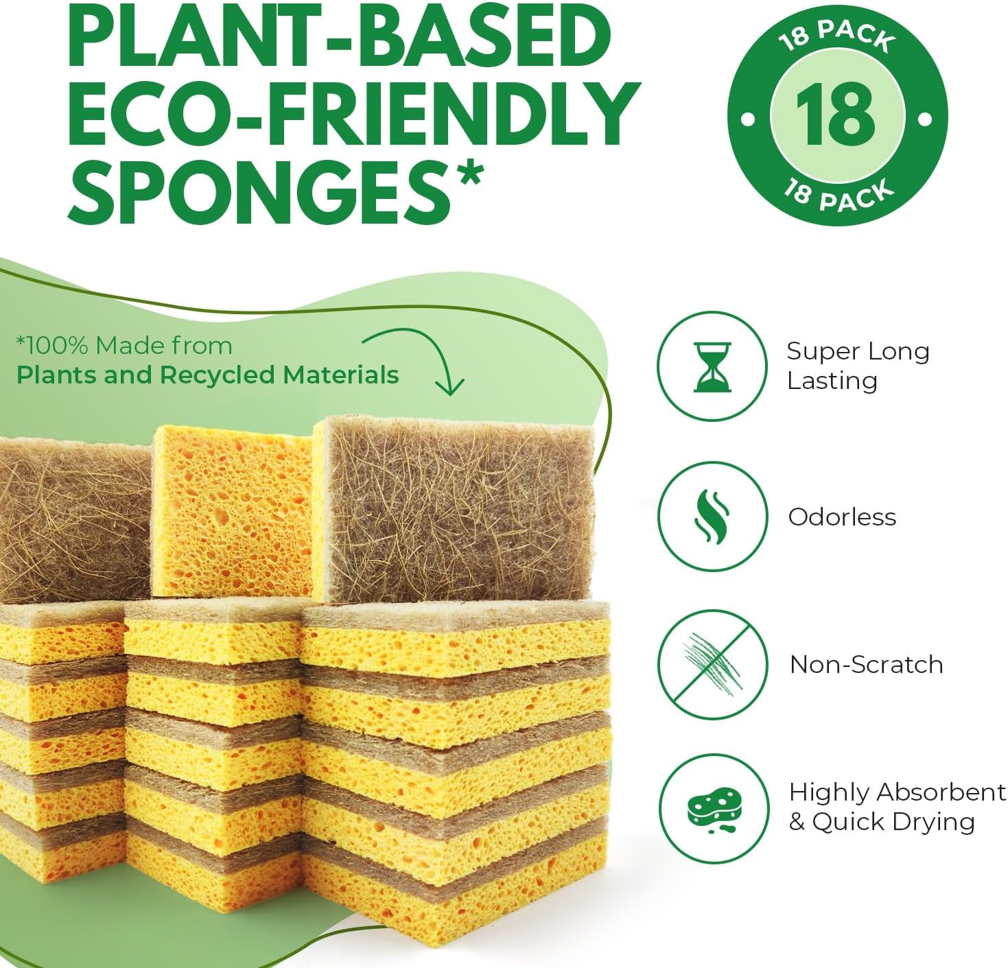AIRNEX Paquete de 18 esponjas naturales biodegradables de cocina, esponja compostable de celulosa y nuez de coco, esponjas ecológicas para platos