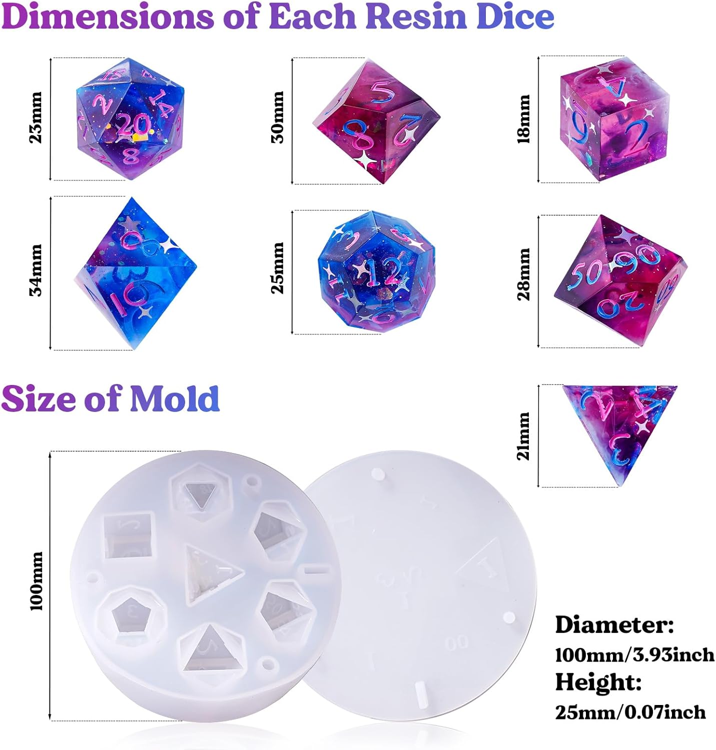 LET’S RESIN Moldes de resina para dados de silicona, moldes de resina epoxi para dados DND con 7 cavidades estereoscópicas poliédricas estándar,