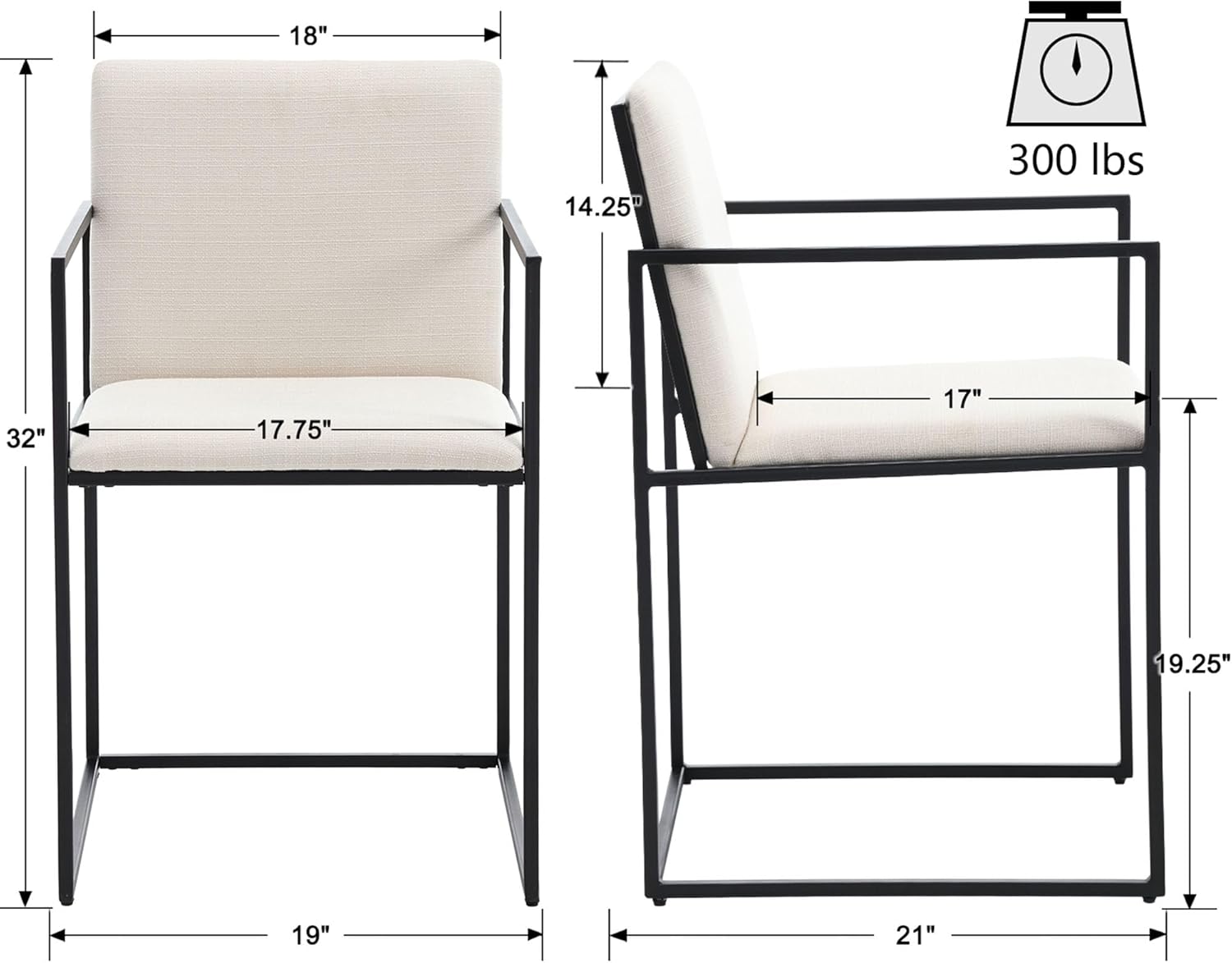 VESCASA Sillas de comedor de lino con patas de metal negro, sillas de comedor modernas con respaldo para cocina, comedor, juego de 2, beige