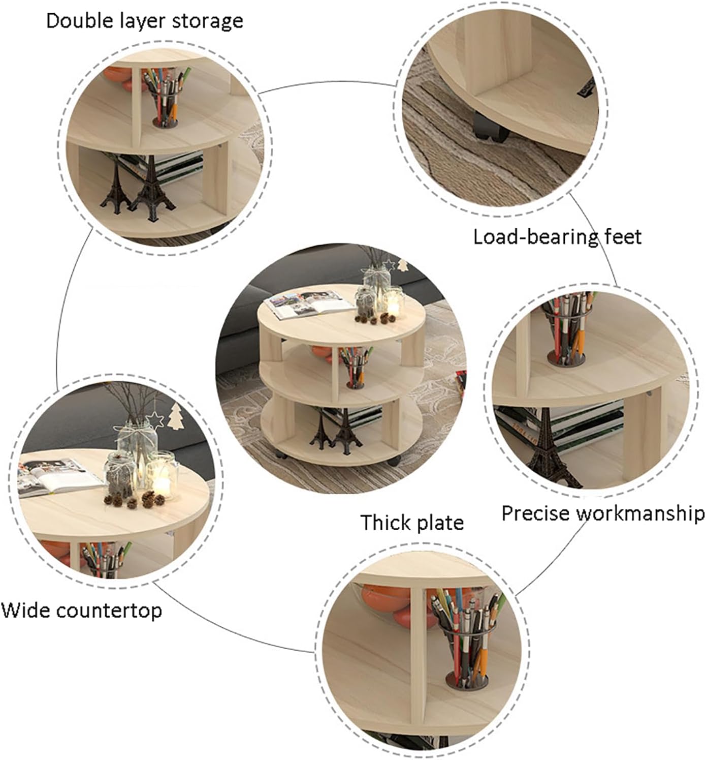 Mesa auxiliar redonda moderna con almacenamiento, mesita de noche con estantes de 2 niveles, mesa de centro pequeña de madera con ruedas, mesa