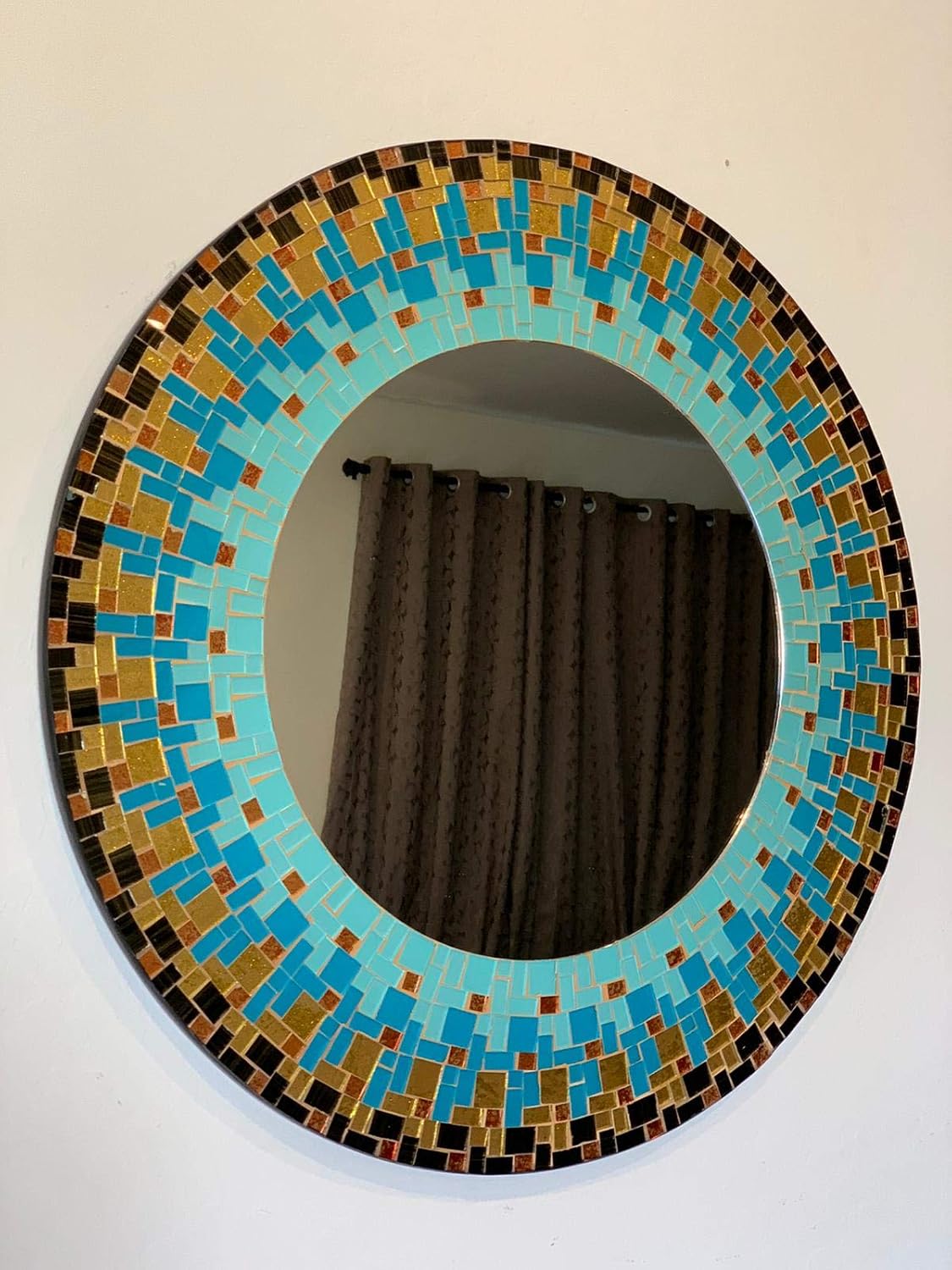 Espejo de mosaico, decoración artística de pared, espejo de pared decorativo hecho a mano, turquesa, marrón, gris oscuro y espejo de mosaico de
