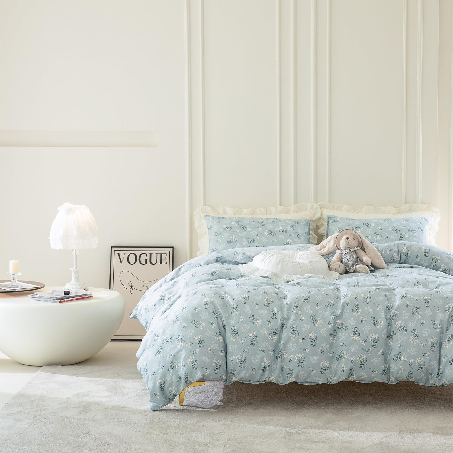 Juego de fundas de edredón tamaño Queen floral, 100% algodón, elegante juego de ropa de cama de flores tamaño Queen, 3 piezas, estilo jardín, azul y
