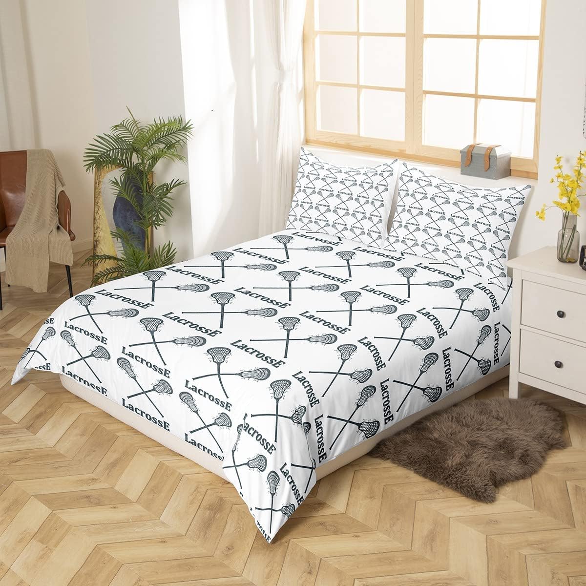 Erosebridal Lacrosse – Funda de edredón para adolescentes y jóvenes, juego de ropa de cama de palo de lacrosse negro y blanco, funda de edredón