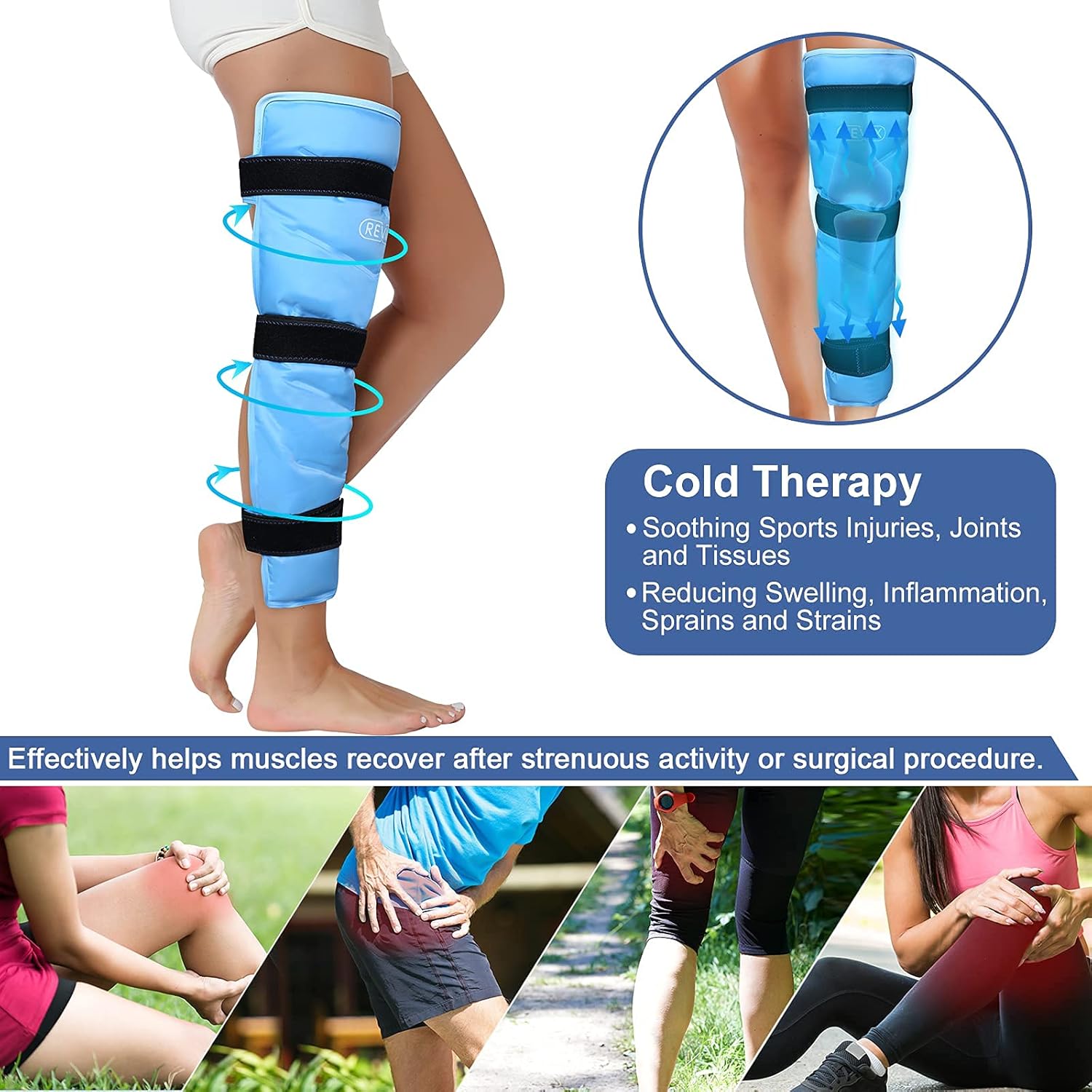 REVIX Bolsa de hielo para aliviar el dolor de tobillo y pies y envoltura de hielo de gel grande para piernas, cadera, muslo, rodilla y espinilla