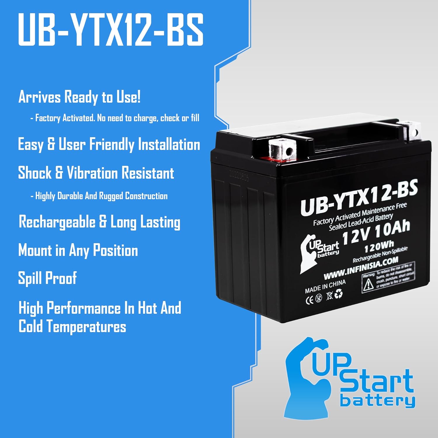 Repuesto para Honda TRX250 Recon, ES 250 CC activada de fábrica, sin mantenimiento, batería ATV – 12 V, 10 Ah, UB-YTX12-BS