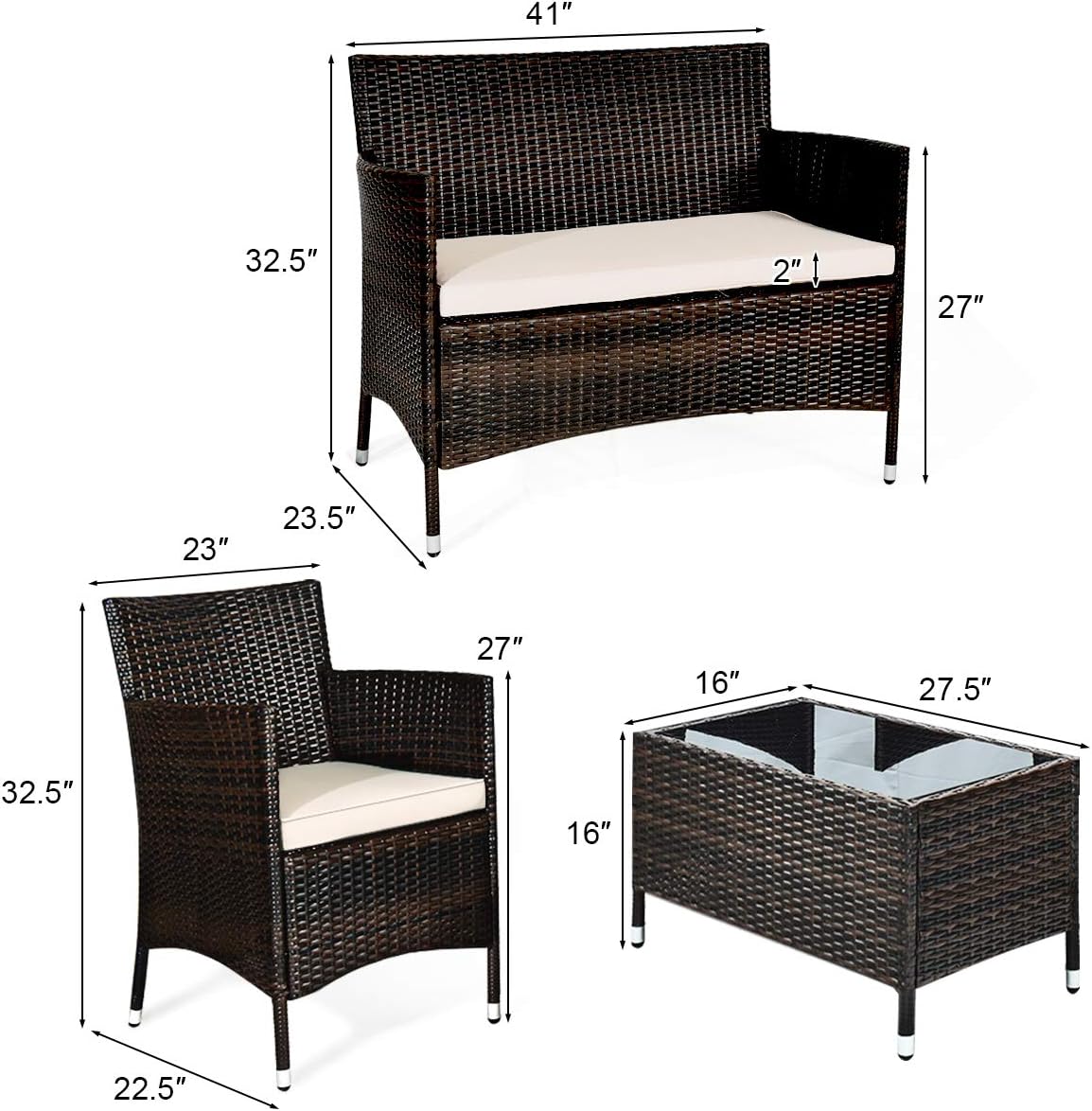 Juego de sofá de patio de 4 piezas, juego de conversación de mimbre con respaldo curvado ergonómico, juego de muebles de ratán para patio con cojín
