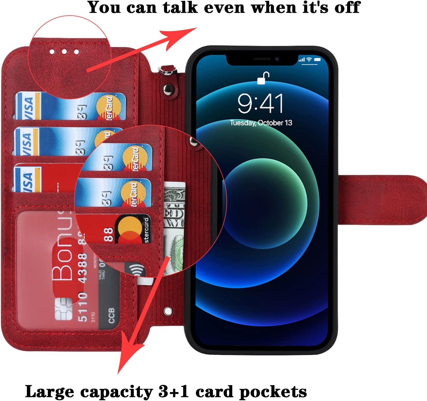 Havaya Funda tipo cartera para iPhone 14 con tarjetero para iPhone 13, funda abatible con ranuras para tarjetas de crédito y correa para la muñeca,