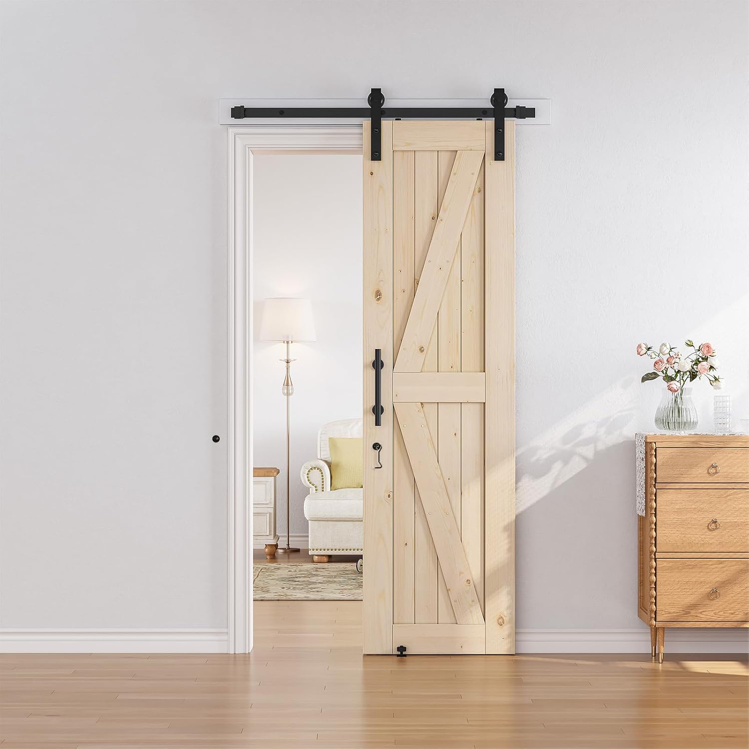 SmartStandard Puerta corredera de madera de granero de 24 x 80 pulgadas preperforada lista para montar, losa con paneles de madera de abeto maciza