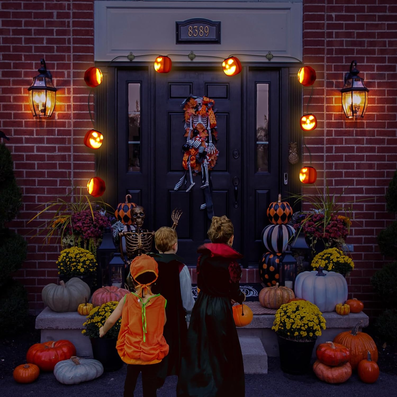 Guirnalda de luces de calabaza de Halloween de 14.7 pies con música espeluznante, luces de cadena impermeables naranjas, sensor de movimiento,