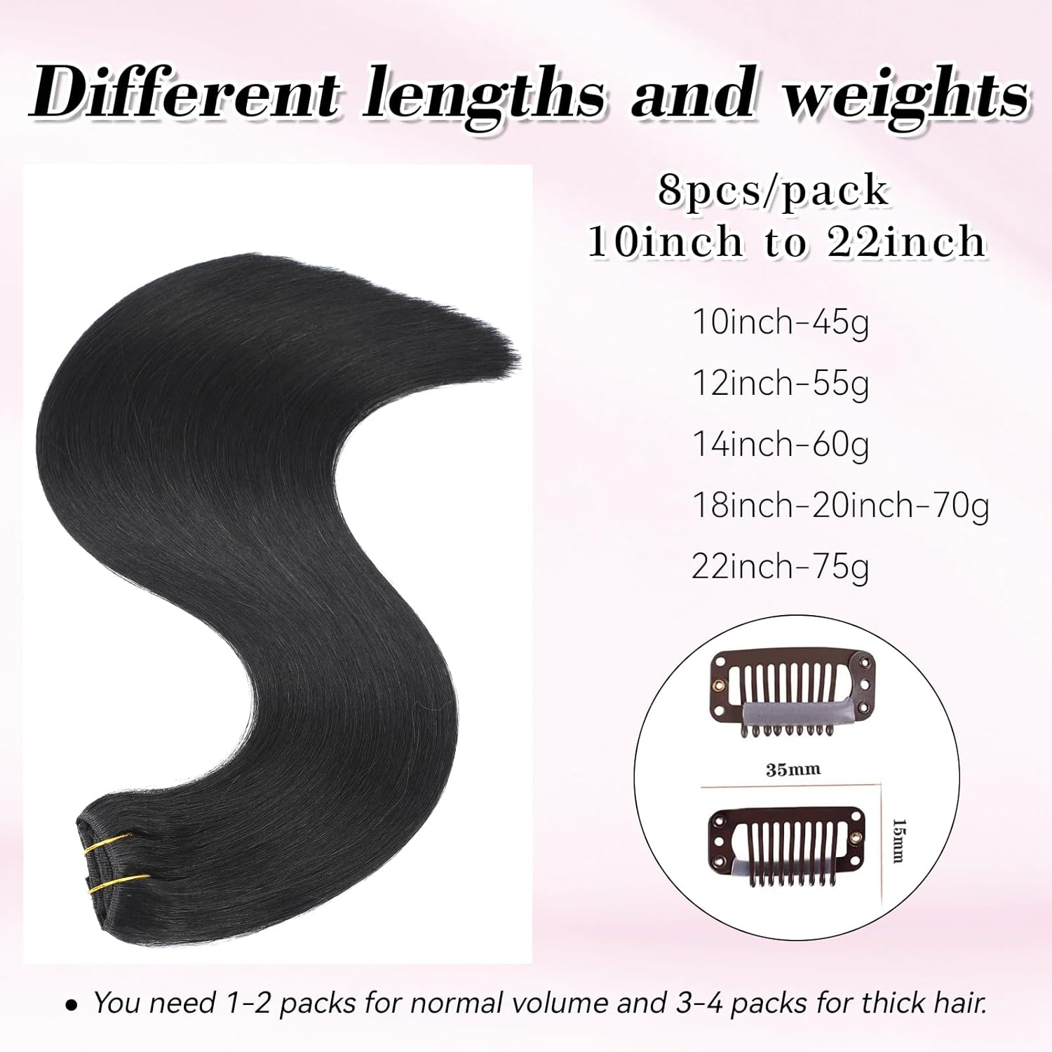 joiqhcs Extensiones de cabello humano con clip, color negro azabache, 8 piezas, 100% Remy, extensiones de cabello humano real, lacio, color negro