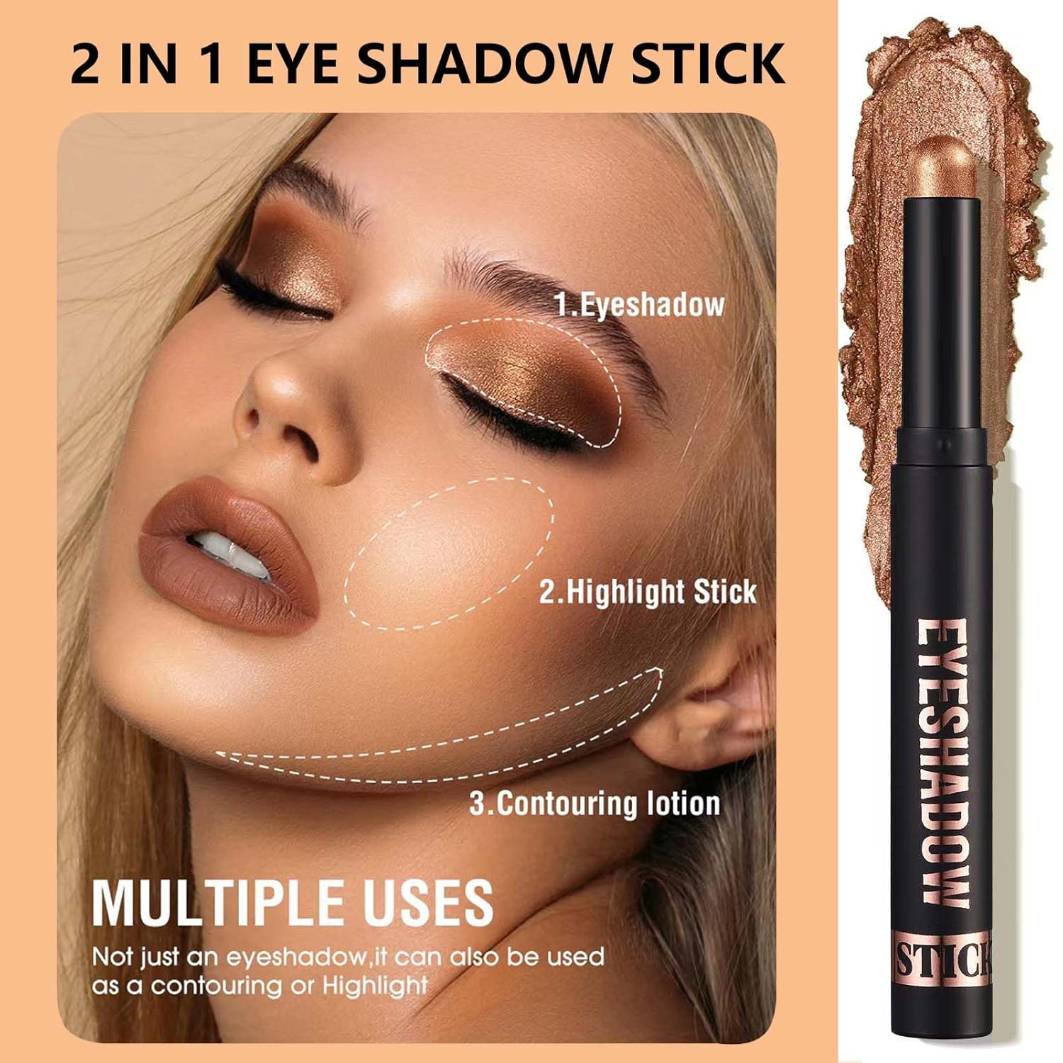 Metiplou Sombra de ojos en barra impermeable con esponja mezcladora, aplicación duradera y sin esfuerzo, fórmula a prueba de manchas y arrugas,